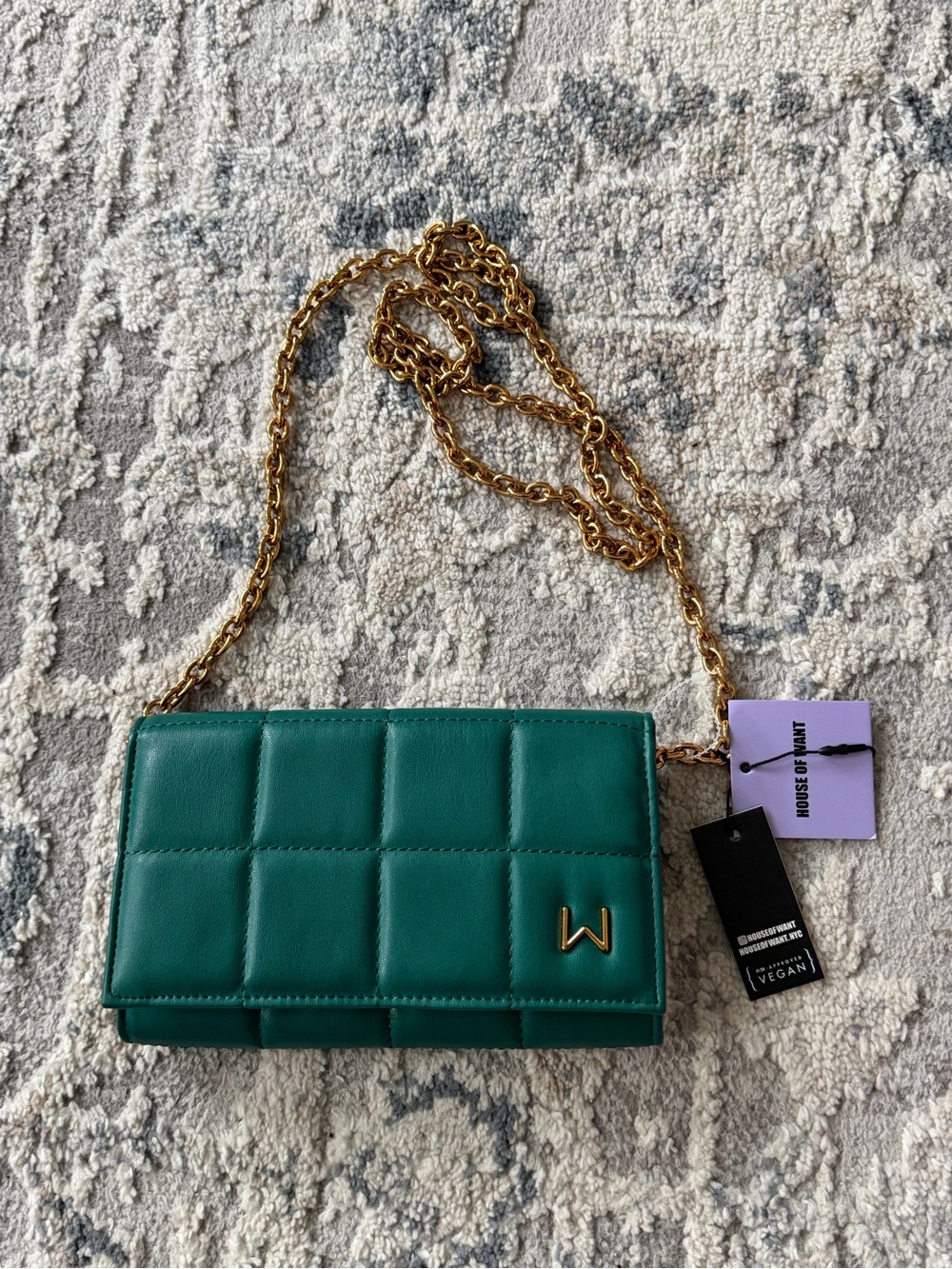 House of What Emerald Green HandBag with Gold Chain Vegan Leather